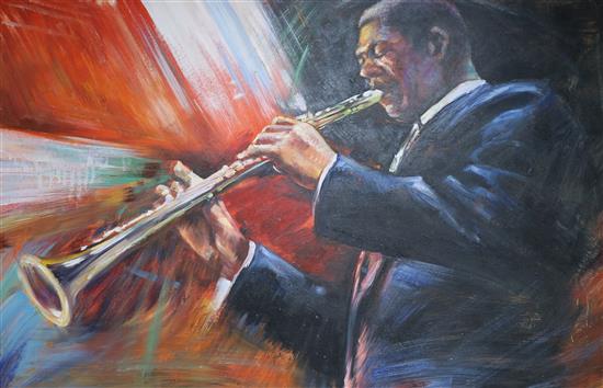 T. Alexandra, oil on canvas of Louis Armstrong, 59 x 89cm, unframed